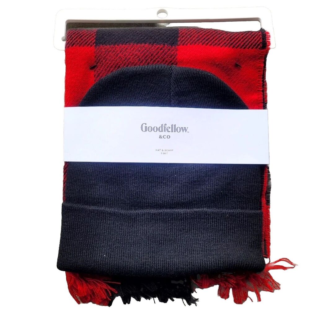 Goodfellow & Co Men’s Hat And Scarf Set Red & Black OSFM New!